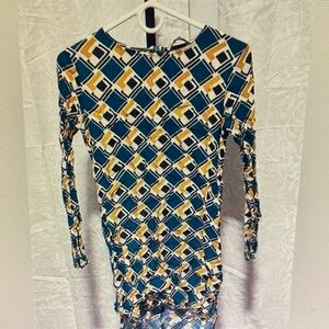 Wayf Geometric Long Sleeve Dress - Blue, Yellow, White